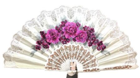 Bridal or wedding fan with purple flowers