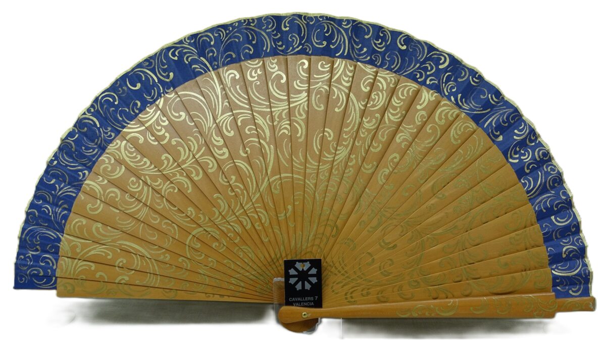 Abanico moderno en madera y azul con patrón